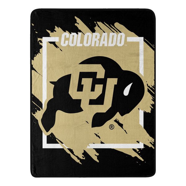This blanket has a black and gold. A white frame decorates this with "Colorado" in white on top.In front of this, there's a large Black CU Buffalo logo that covers the blanket.